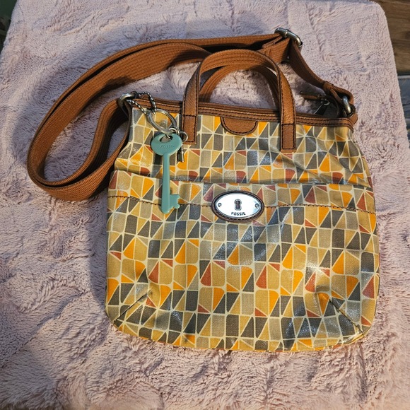 Fossil Key-Per Geometric Coated Canvas Crossbody Bag Brown - Picture 1 of 4